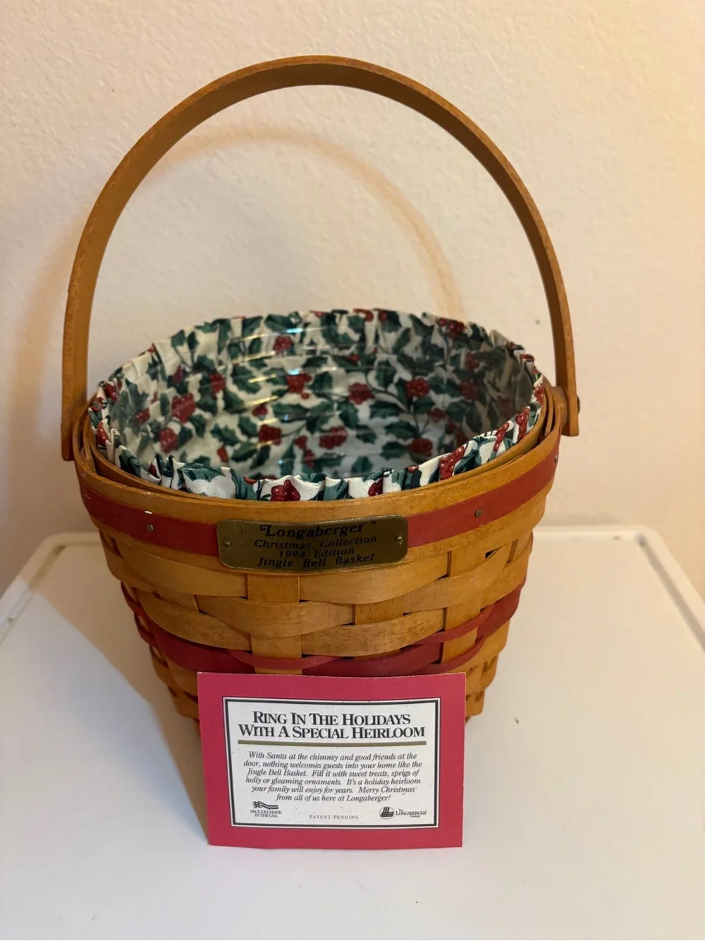 Vintage Longaberger Christmas Collection 1994 Jingle Bell Basket, Holly Berry